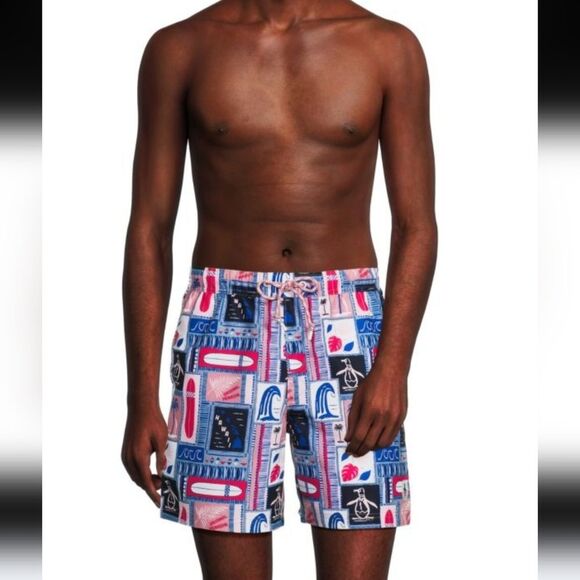 Penguin Drawstring Colorful Surfboard Print Swim Shorts Size XXL - Picture 11 of 12